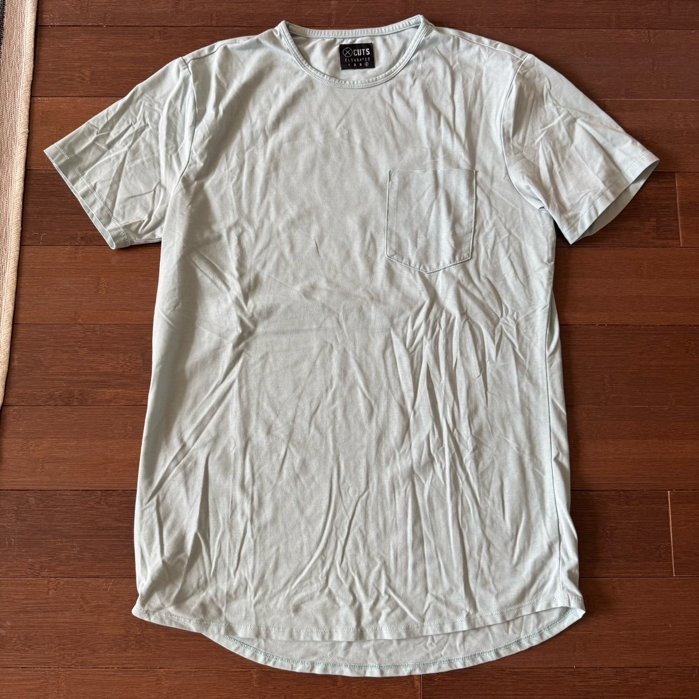 Men’s Cuts elongated tee with front pocket - aqua blue, M